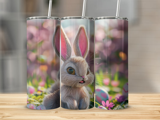 Cute cartoon bunny with pink ears and Easter eggs on grass.