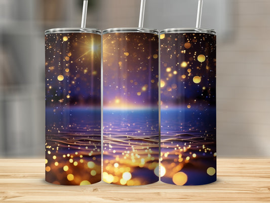 Three tumblers with a glowing, abstract ocean and bokeh light design.