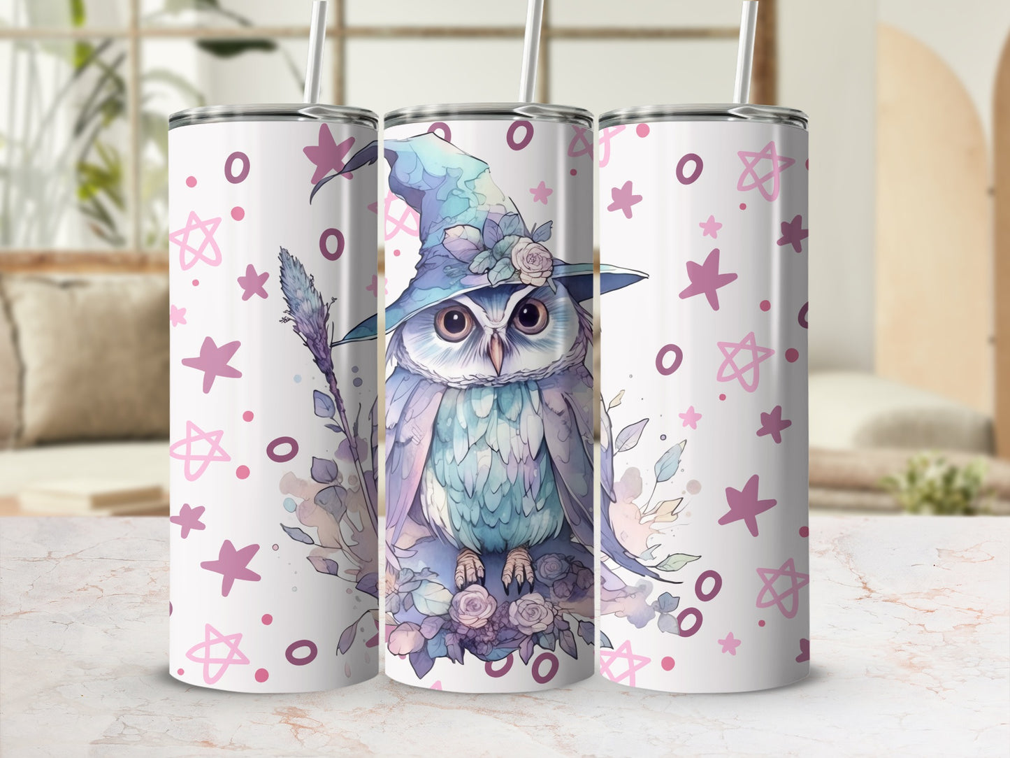 Cute Owl Witch with Stars Design Tumbler Product