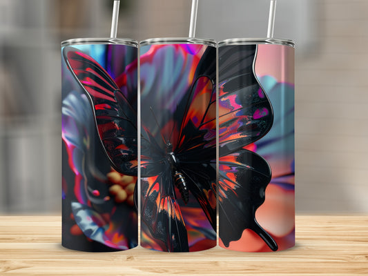 Three tumblers featuring a close-up of a black and orange butterfly on a floral background.