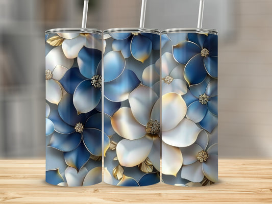 Three tumblers with a blue and gold floral pattern.
