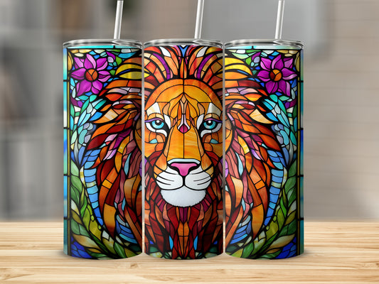 Three stained glass tumblers featuring a colorful lion's face surrounded by flowers.