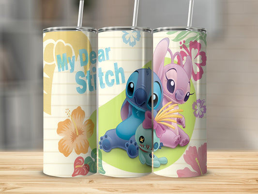 Three Stitch and Angel tumblers with floral designs and "My Dear Stitch" text.