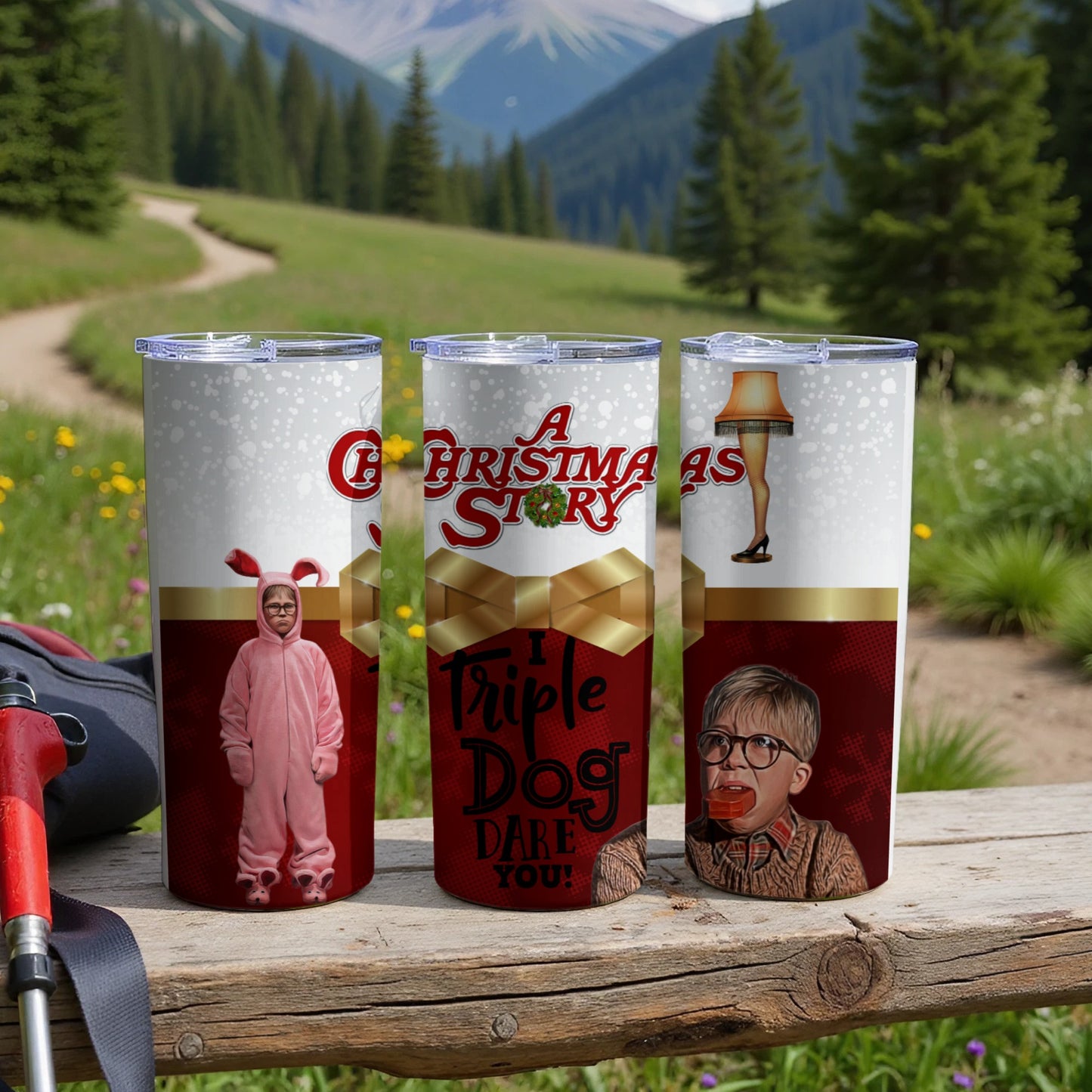 A Christmas Story tumbler with Triple Dog Dare graphic and character illustrations.