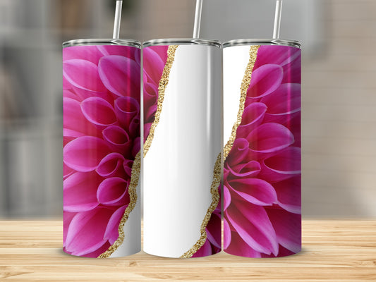 Pink dahlia floral pattern on three tumblers with gold glitter accents.
