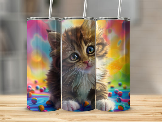 Kitten with colorful bokeh background on a tumbler.