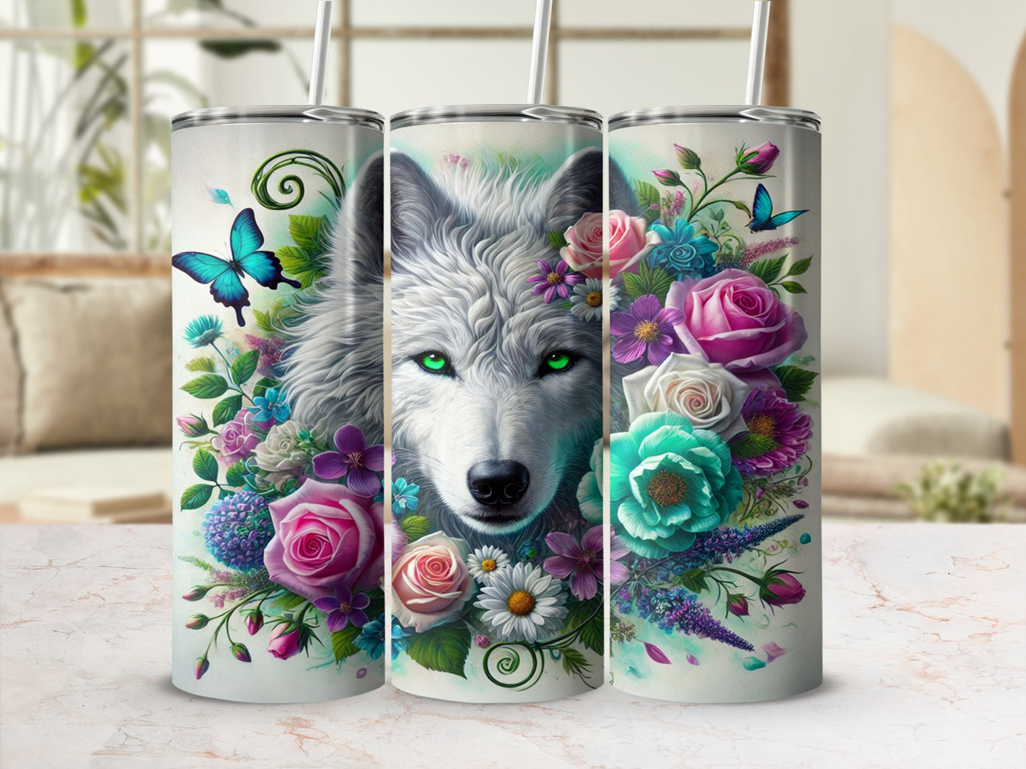 Wolf with Flowers and Butterflies Insulated Tumbler
