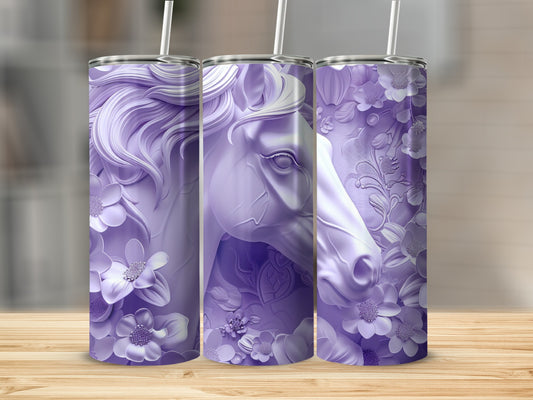 Purple tumbler with embossed horse and floral design, three views.