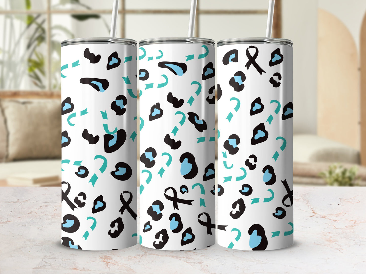 Teal Ribbon Leopard Pattern Tumbler Cup Design