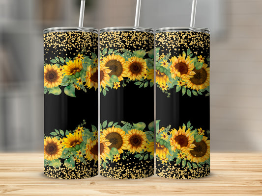 Black tumbler with sunflowers and gold glitter accents.