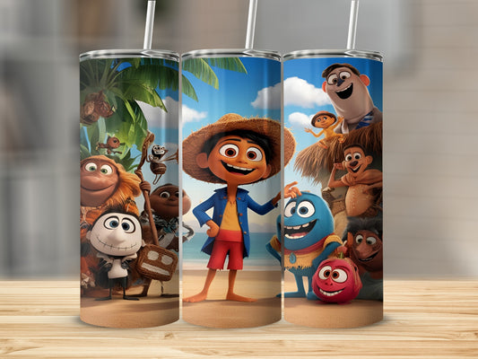 Animated characters on beach scene tumbler with straw.