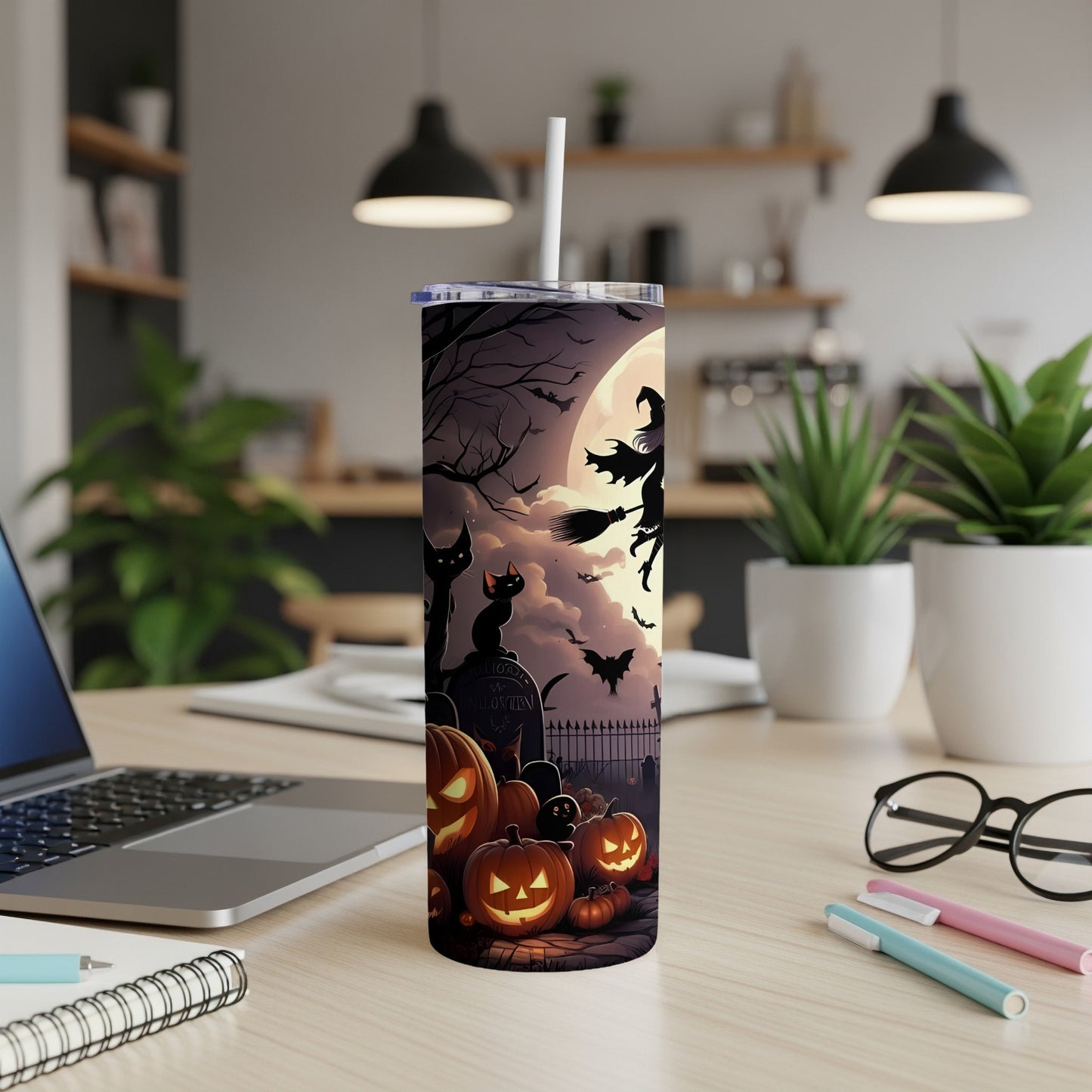 Halloween tumbler with witch, black cats, pumpkins, and bats against a moonlit sky.