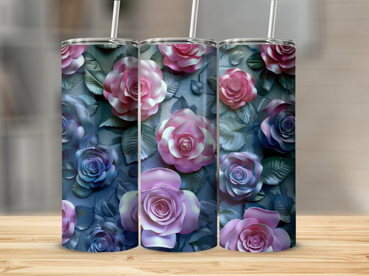 Three tumblers with textured pink and blue rose designs.