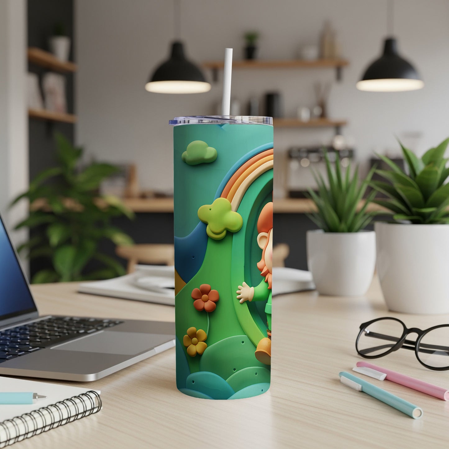 Green tumbler with a leprechaun and rainbow design.