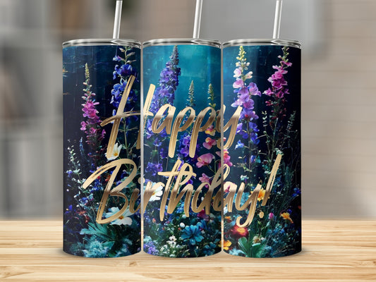 Dark floral birthday tumbler with gold script text.