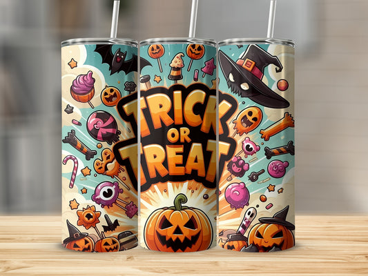 Halloween tumblers with candy, pumpkins, bats, and "Trick or Treat" text.