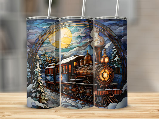 Train in stained glass art style with moon and snow-covered trees.