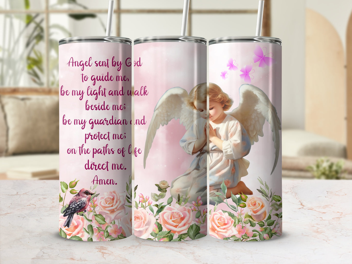 Angel with Roses and Prayer Text Tumbler Cup