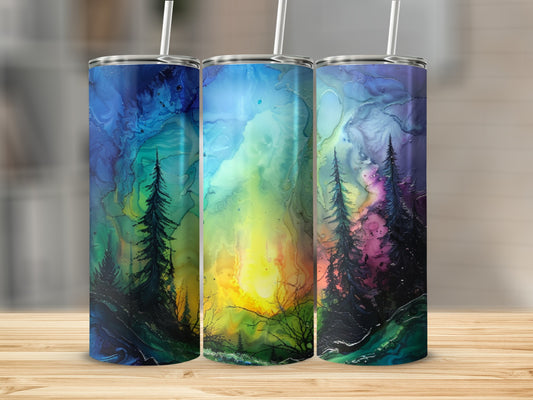 Three tumblers with vibrant aurora borealis forest scenes.