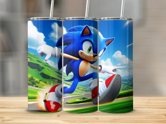 Sonic the Hedgehog running on a racetrack, blue sky background.