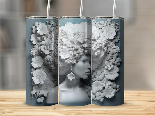 Woman with elaborate floral hairstyle on teal tumblers.