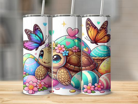 Easter turtle with butterflies and decorated eggs.