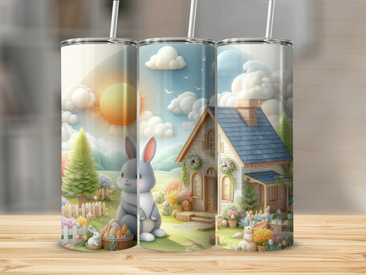 Easter bunny, baskets, and house illustration on three tumblers.