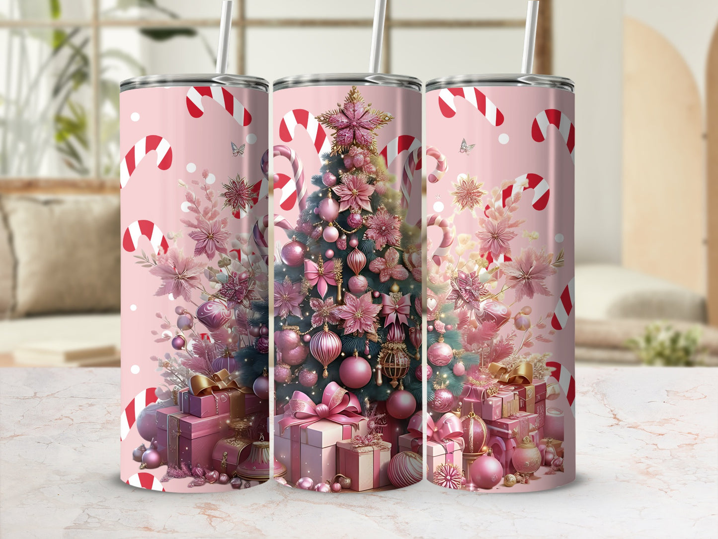 Beautiful Pink Christmas Tree Decorated Tumbler