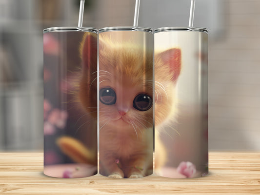 Three tumblers featuring a cute, wide-eyed orange kitten with pink flowers.