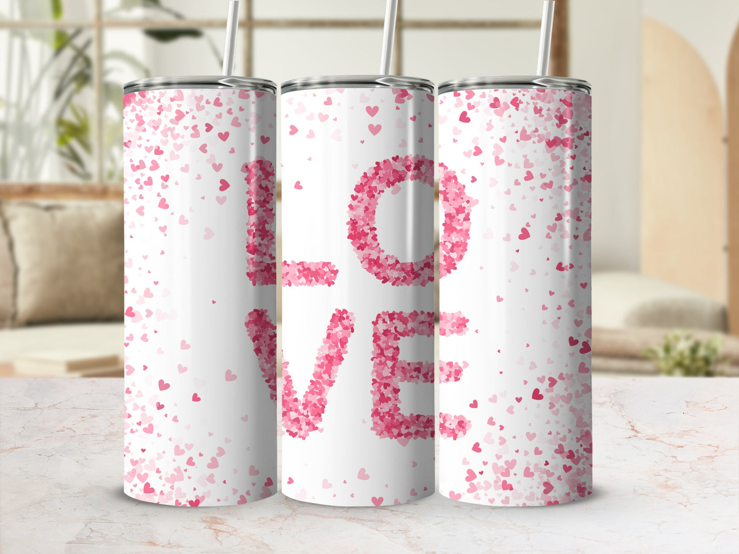 Love Pattern Tumbler With Pink Heart Confetti