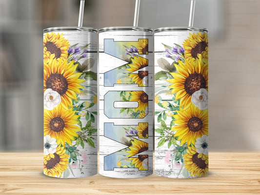 Three tumblers with sunflowers and "Mom" text, set against a wooden background.