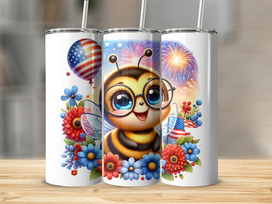 Cute bee in glasses with American flag, balloons, and fireworks.
