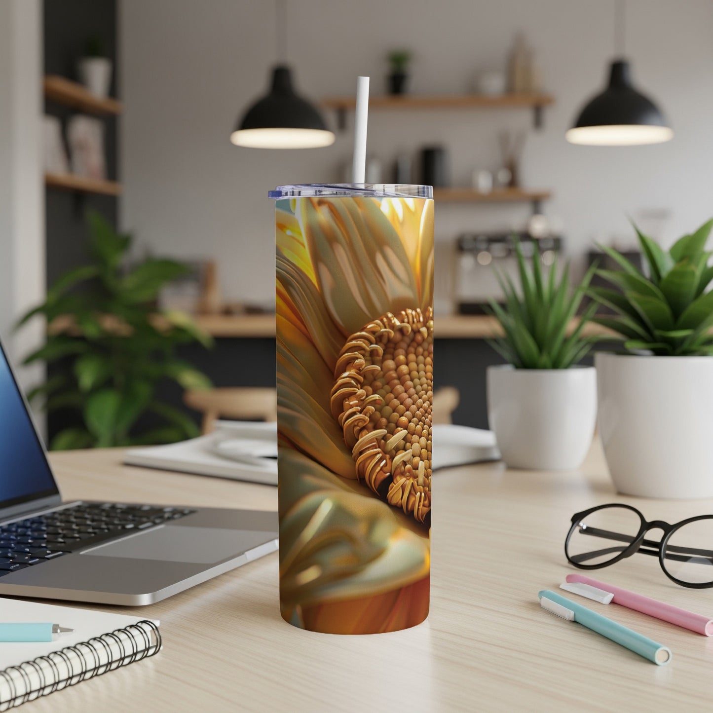Tall tumbler with a close-up sunflower design on a desk.
