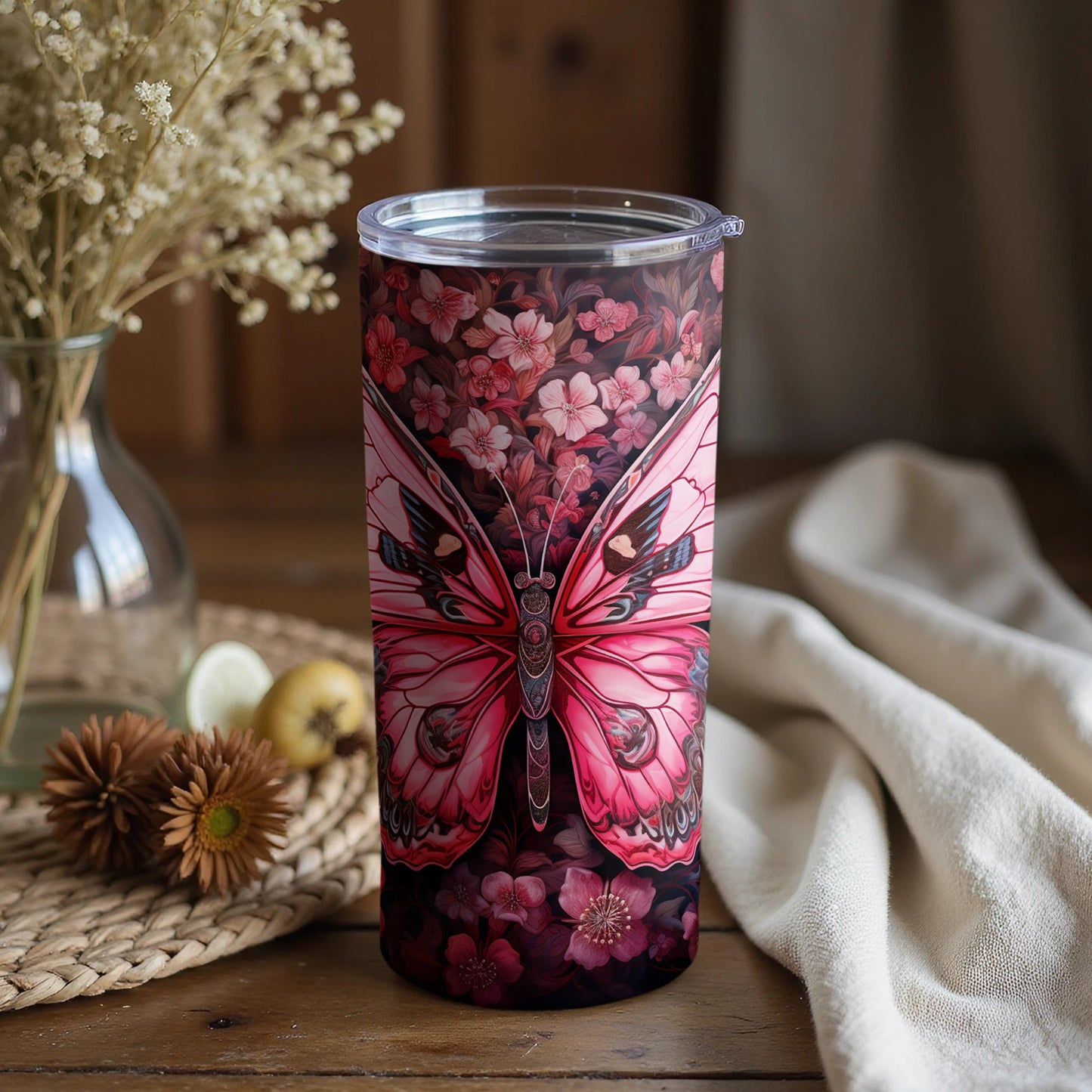 Beautiful Pink Butterfly and Floral Design Tumbler Cup