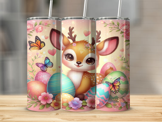 Cute cartoon deer surrounded by Easter eggs and flowers.