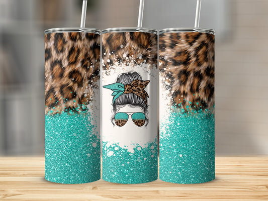 Tumbler with leopard print, teal glitter, and messy bun girl graphic.