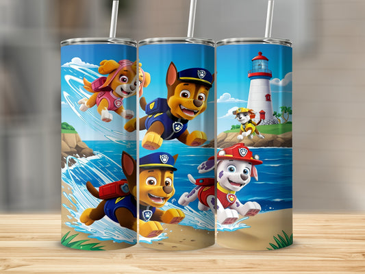 Paw Patrol characters Chase, Marshall, and Skye running on a beach with a lighthouse.