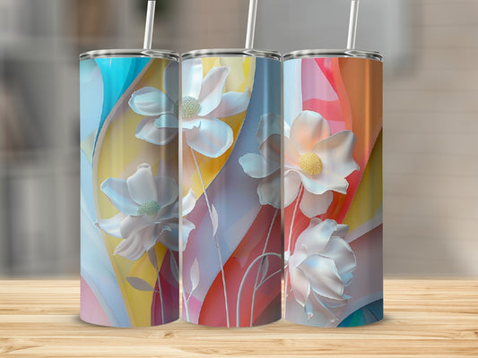 Three tumblers with abstract floral designs and pastel color splashes.
