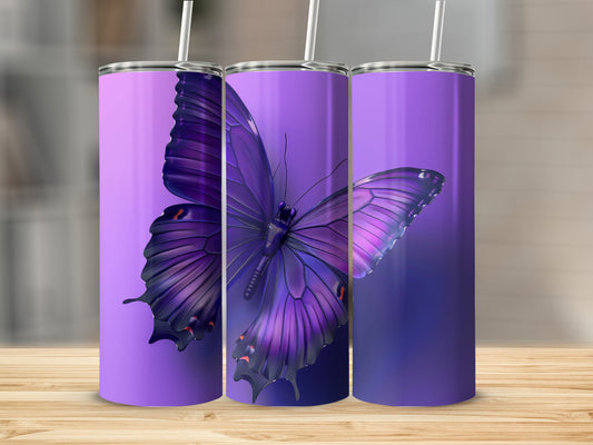 Three purple tumblers featuring a detailed purple butterfly design.
