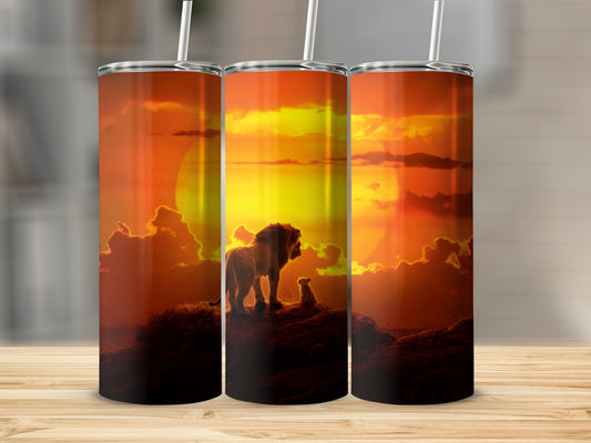 Three tumblers featuring The Lion King sunset scene with Simba and Mufasa.
