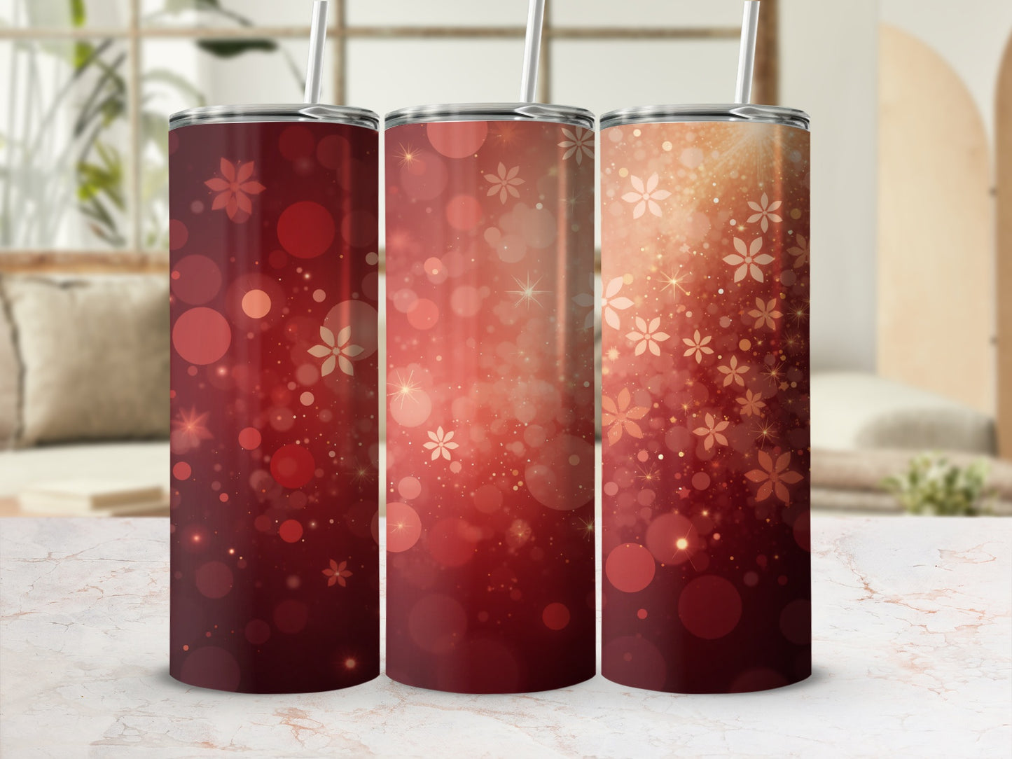 Vibrant Red Floral and Bokeh Design Insulated Tumbler