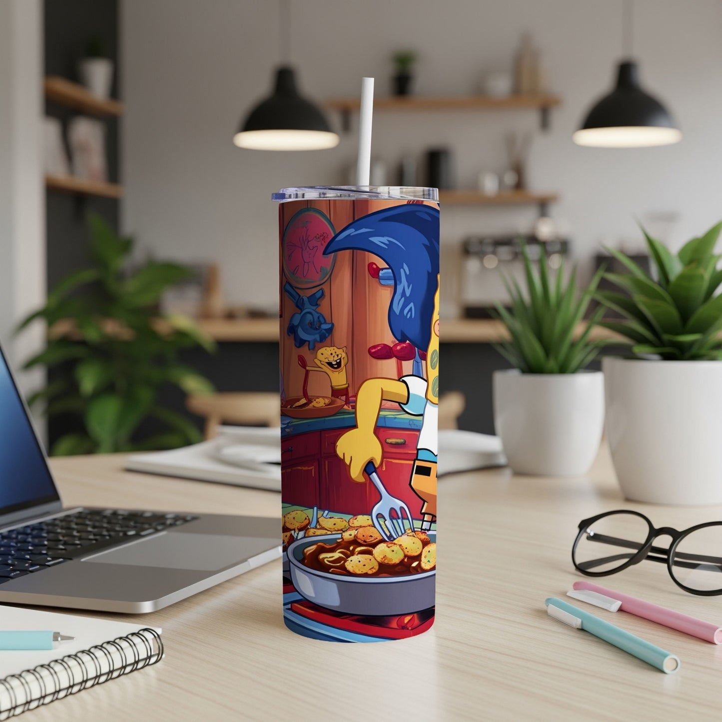 Cartoon character cooking in a kitchen on a tall tumbler.