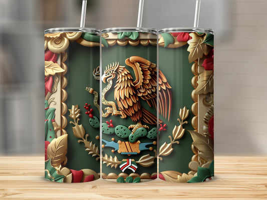 Green tumbler with Mexican flag emblem of eagle and snake.
