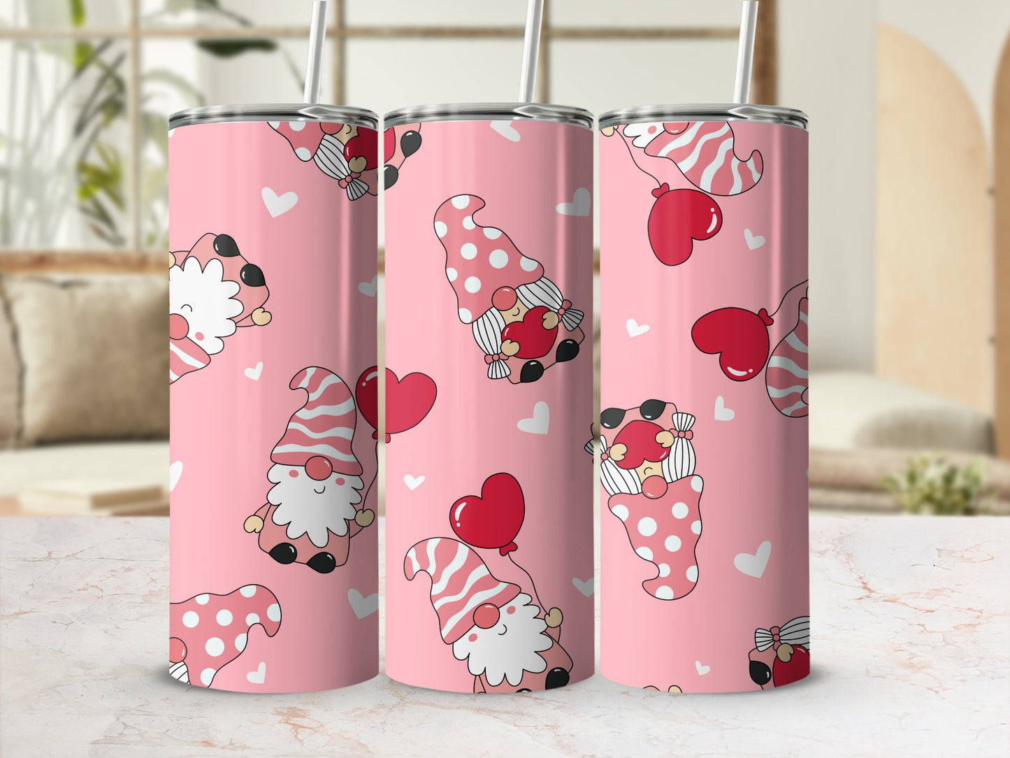 Adorable Pink Love Gnomes Hearts Stainless Steel Tumbler