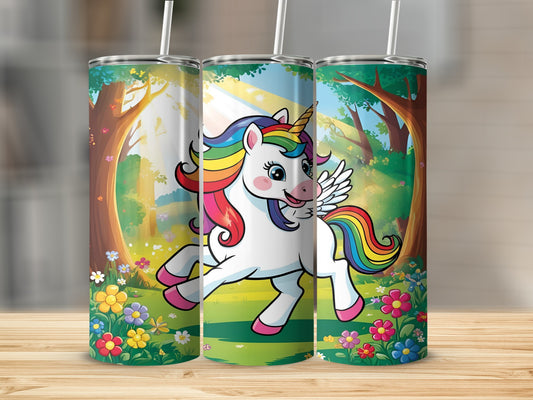 Cartoon unicorn with rainbow mane and wings on a whimsical forest background.