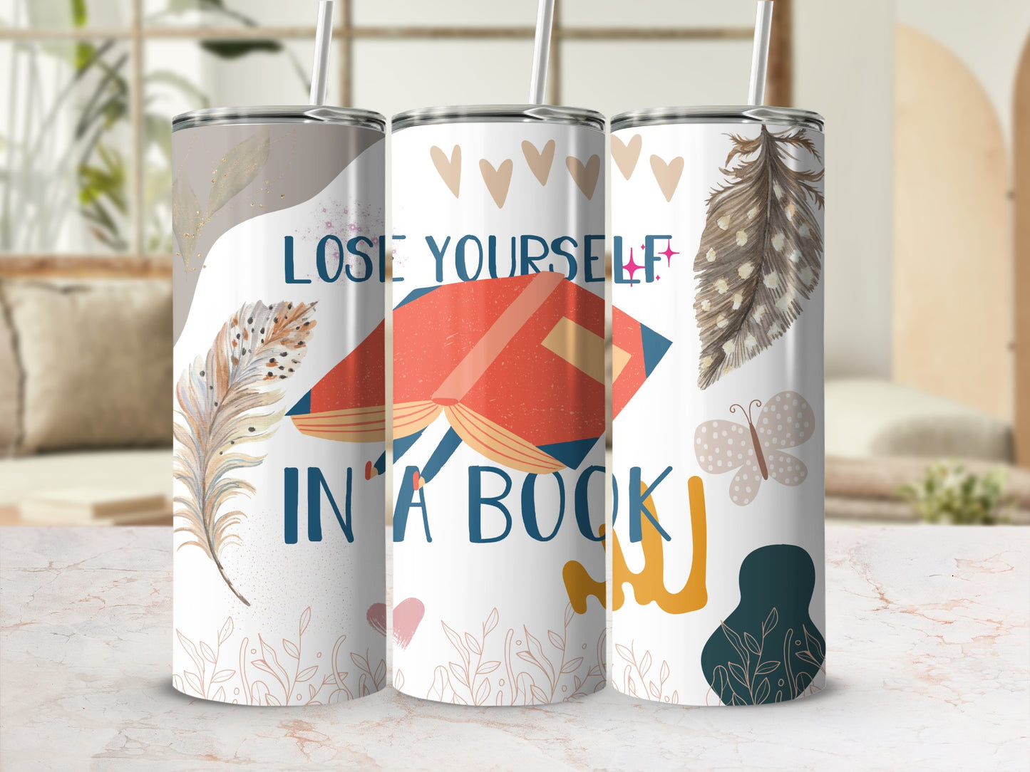 Lose Yourself in a Book Travel Mug with Feather Design