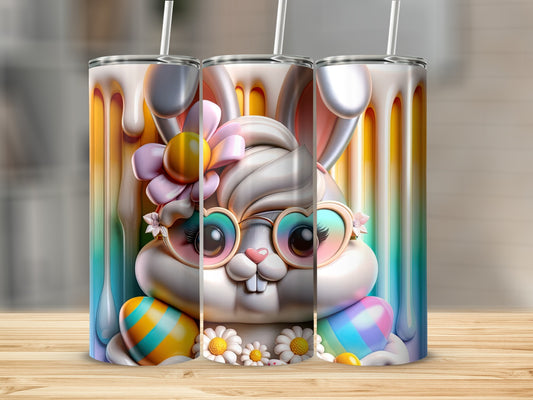 Cartoon bunny with sunglasses, Easter eggs, and flowers against a rainbow drip background.
