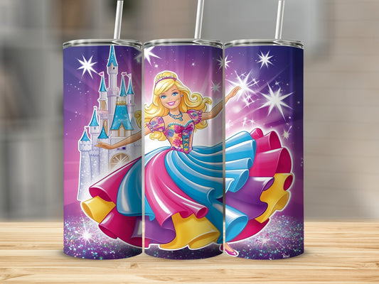 Barbie in a colorful dress with a castle and sparkles.