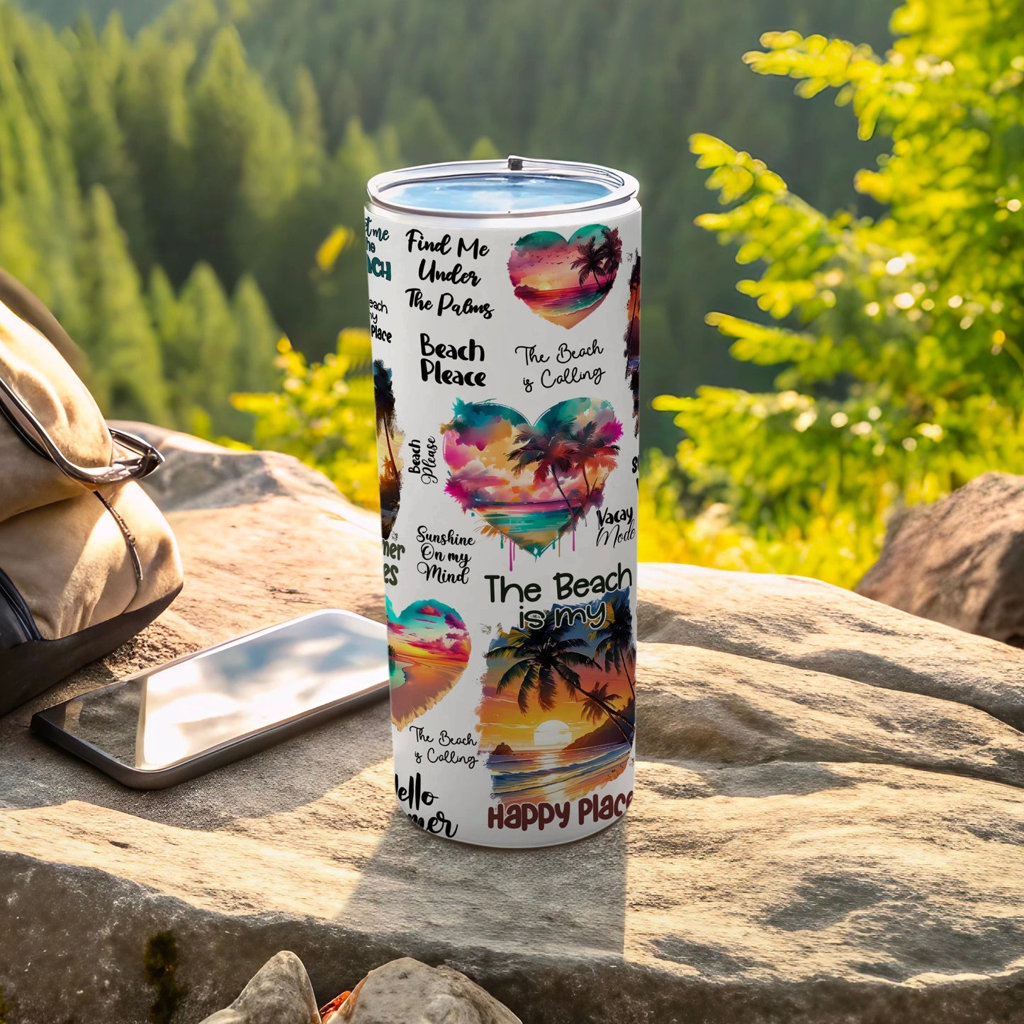 Tumbler with beach-themed heart designs and phrases like "The Beach is Calling."