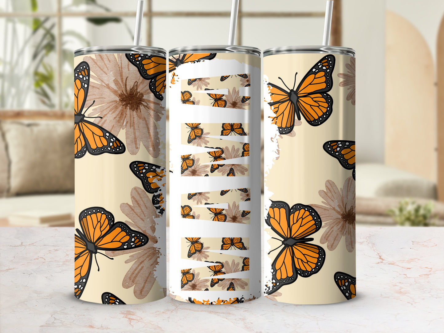 Orange Butterfly and Beige Floral Tall Tumbler Product